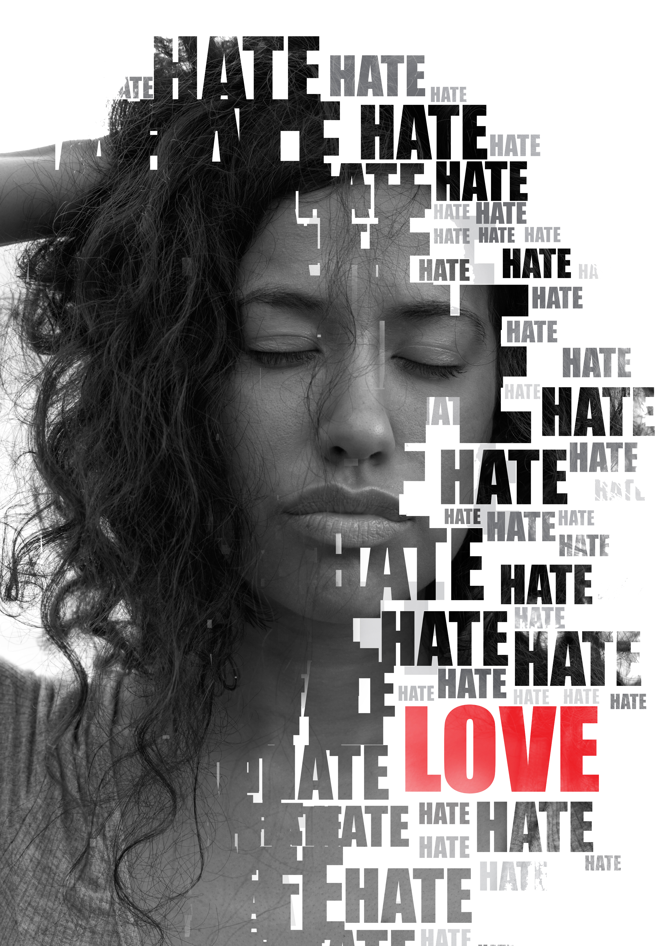 A woman's calm face emerging from the repeated word hate, with the word love in red