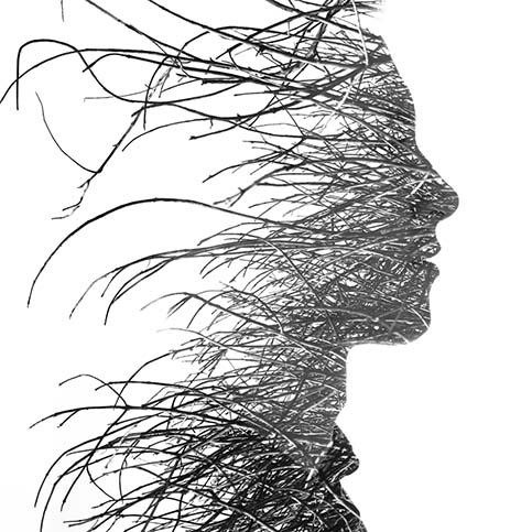 A profile of a woman overlaid with tangled branches, representing an anxious mind
