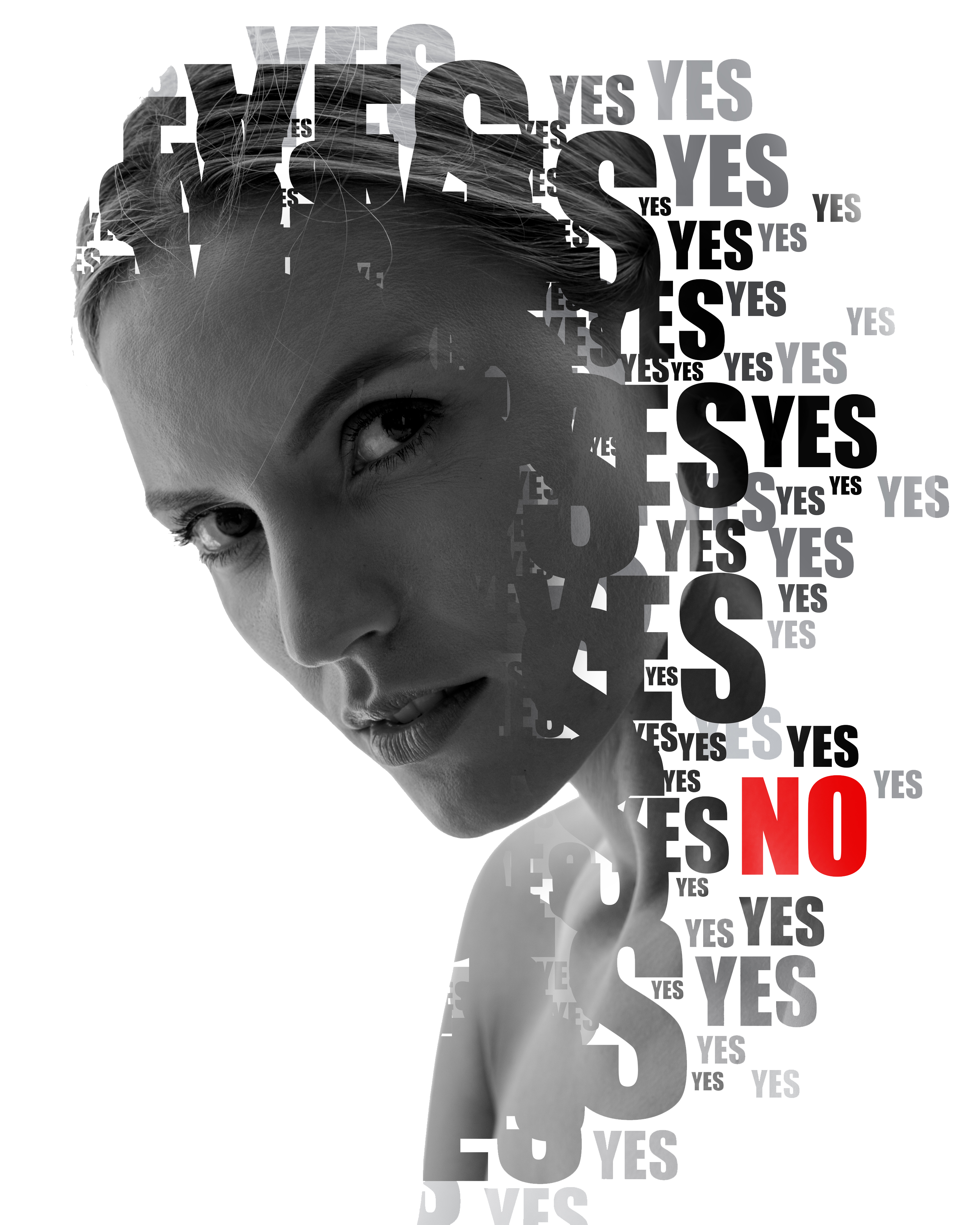 A woman surrounded by the word yes and a single no, representing the guilt of people-pleasing