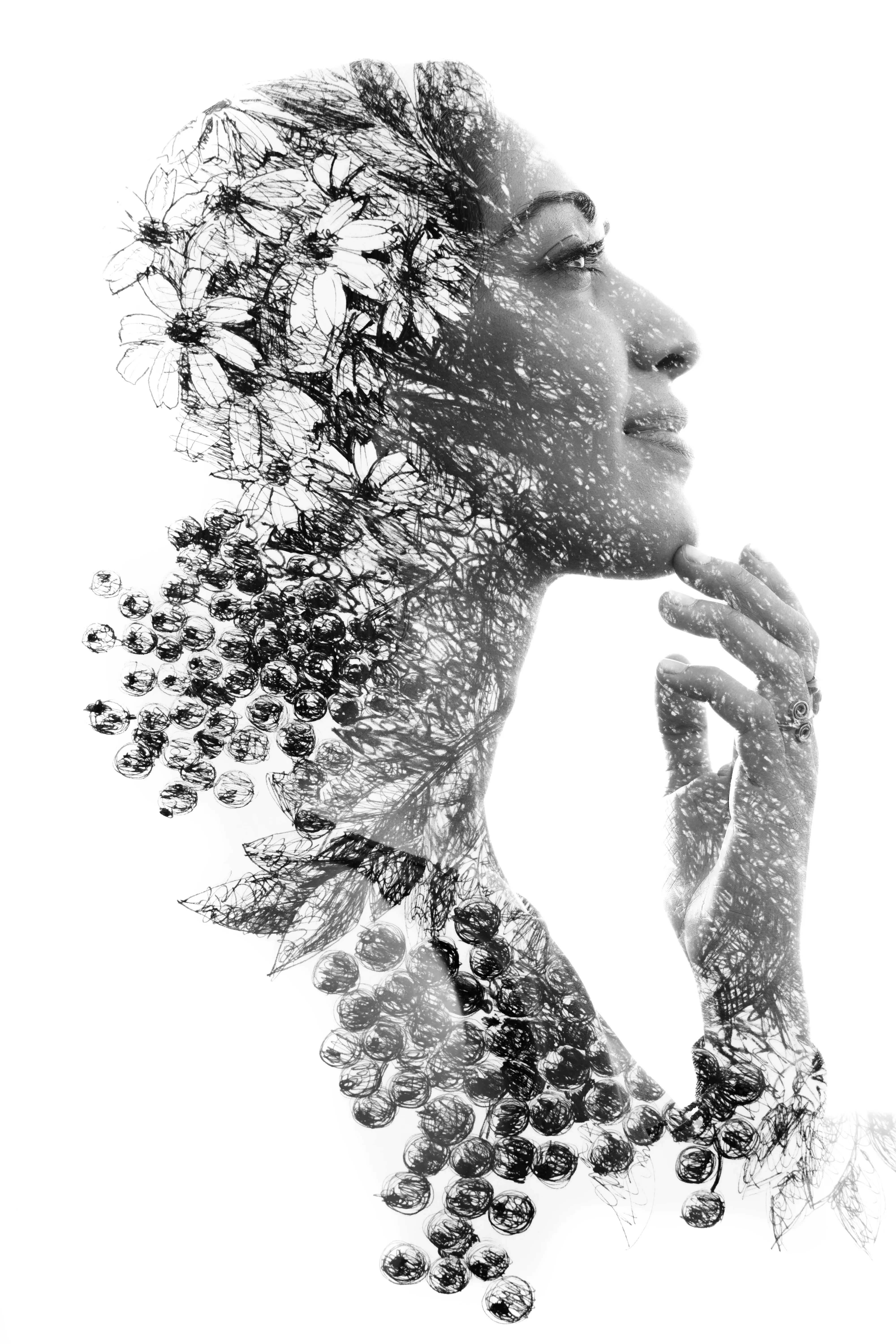 A serene profile blended with pen-sketched flowers, evoking a calm, open mind