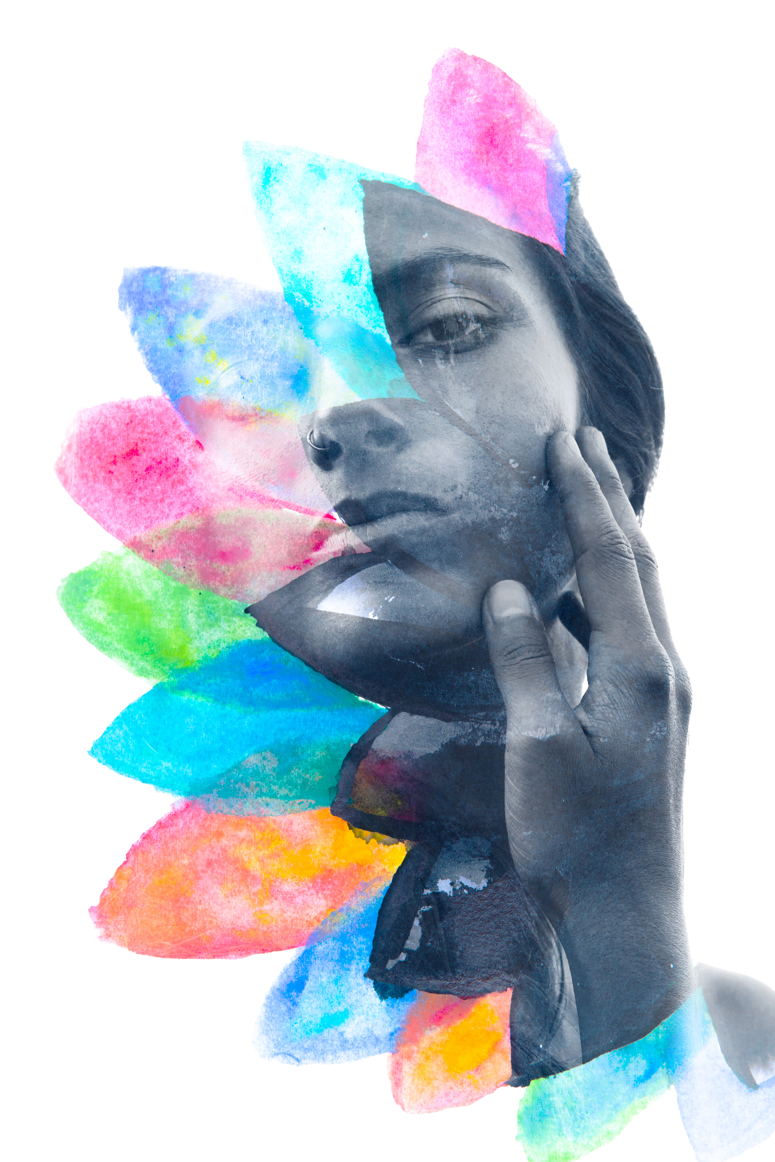 A serene portrait blended with watercolour petals, representing gentle timeline therapy